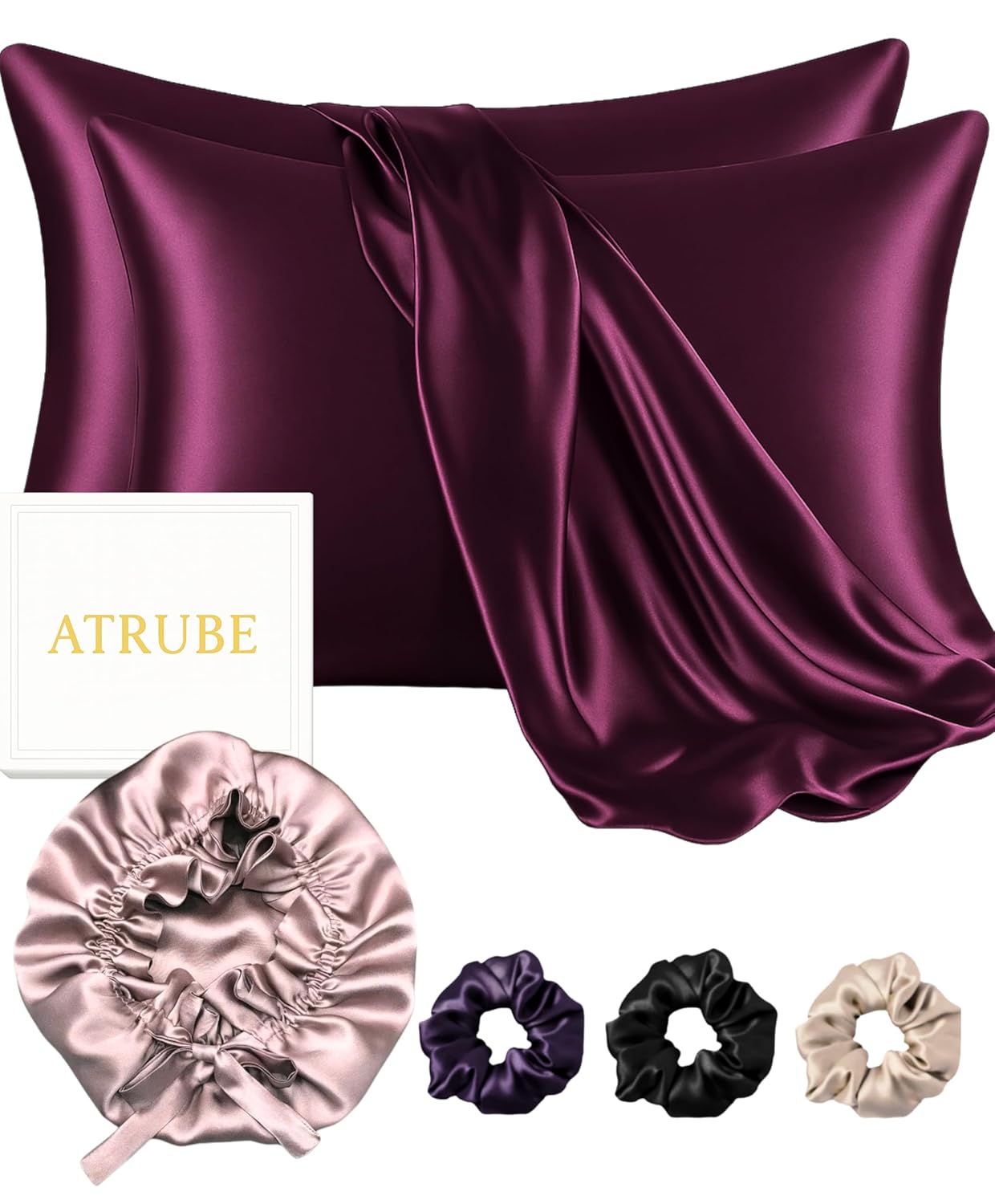 Atrube's Satin Bonnet for Curly Hair with Silk Satin Pillow Covers Scrunchies Bonnet hairBest Gift Combo of Pack of 2 Satin Pillowcases with 3 Silk Scrunchies Adjustable HairCap