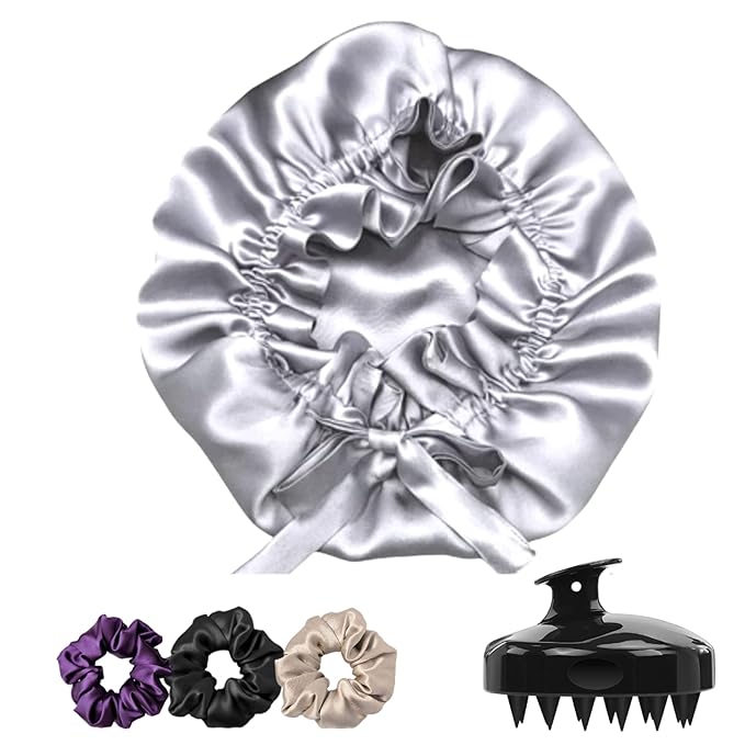 Silk Satin Hair Bonnet Reversible Adjustable tie Band Reusable showercap Satin bonnet Wrap Silk Bonnet Hair with Hair Scalp Massager Shampoo Brush and scrunchies (Rose Taupe)