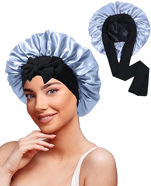 Silk Bonnet for Hair with 3 Scrunchies with Wide Elastic Tie Band(Sapphire Silk)