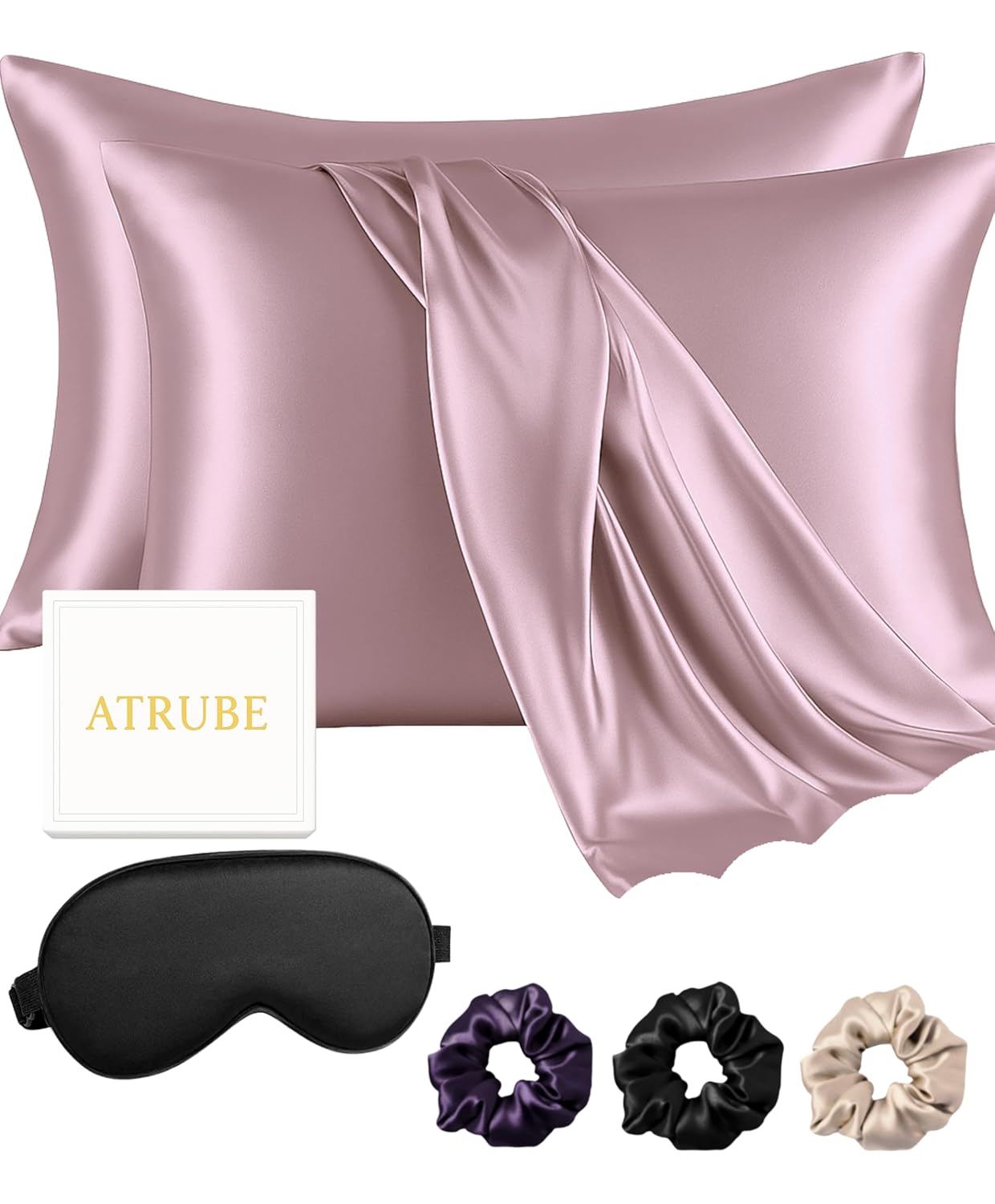 Atrube's Satin Pillow Covers for Hair and Skin| Pillowcase 2 Pack with 3 Silk Scrunchies| Envelope Closure (Rose Taupe)
