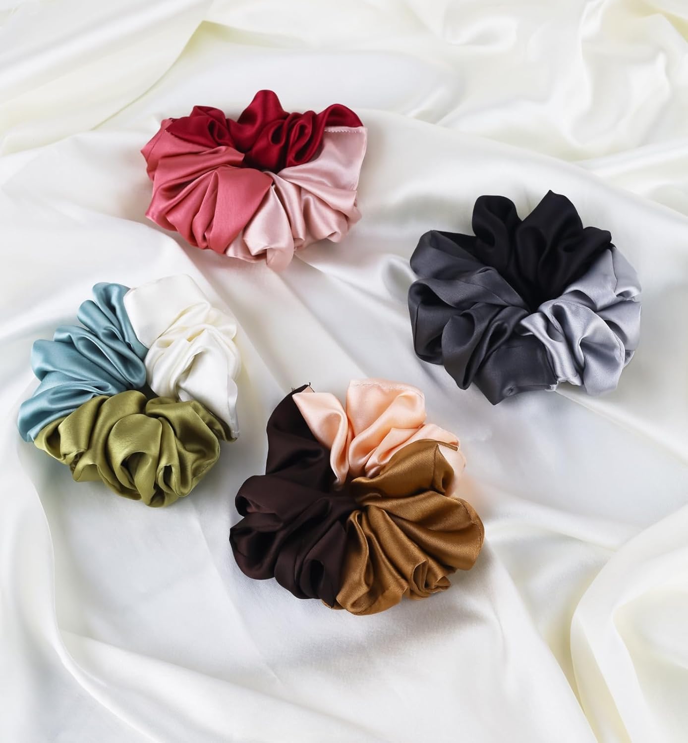 Pack of 4 Dual & Triple Tone Silk Satin Scrunchies Combo – Large Hair Ties for Women & Girls