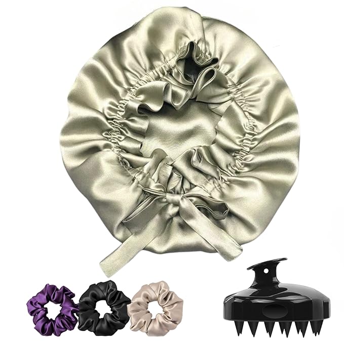 Silk Satin Hair Bonnet Reversible Adjustable tie Band Reusable showercap Satin bonnet Wrap Silk Bonnet Hair with Hair Scalp Massager Shampoo Brush and scrunchies (Rose Taupe)
