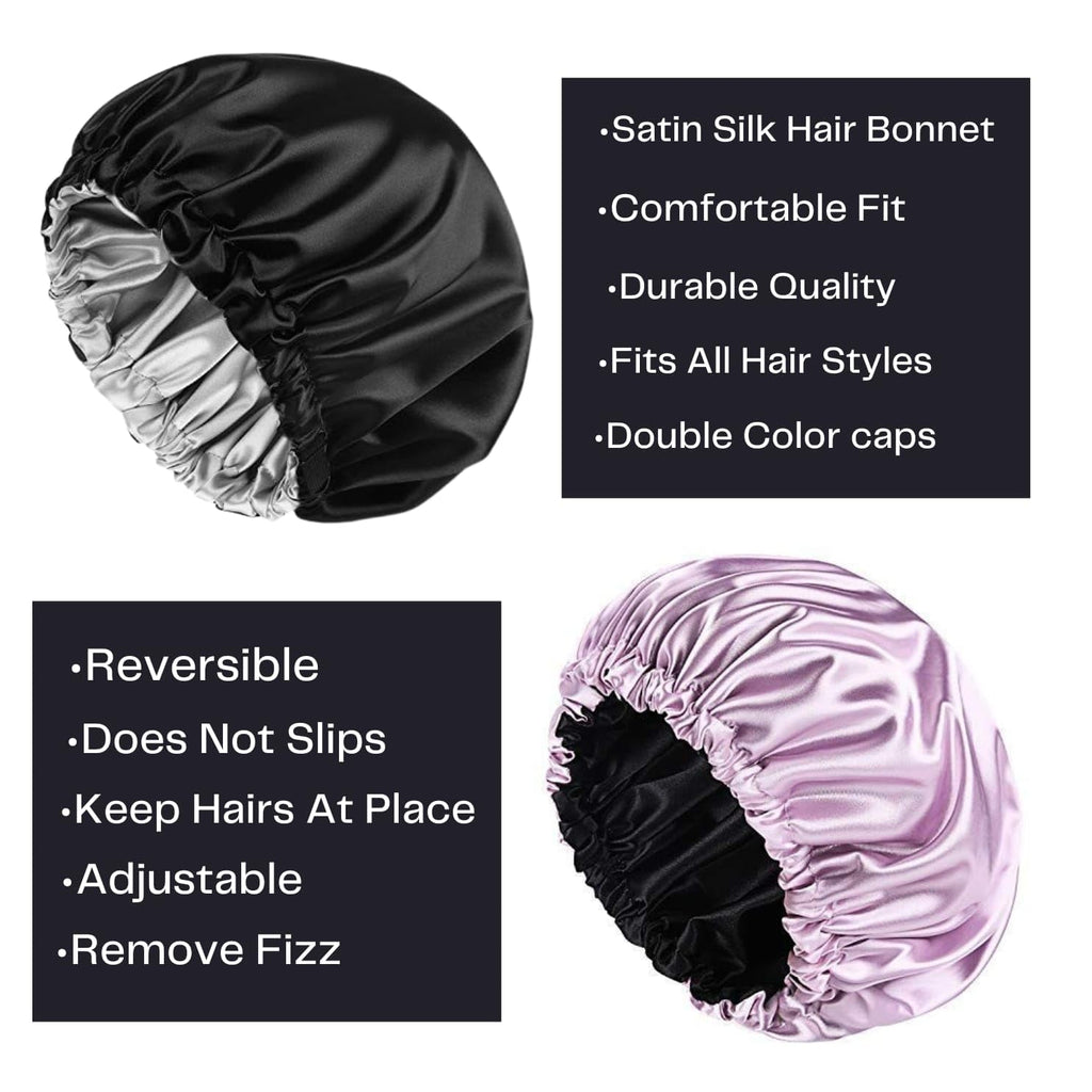 Women's Silk Satin Hair Bonnet Reversible Adjustable tie Band Head wrap for Sleeping Hair Cover Pack of 2
