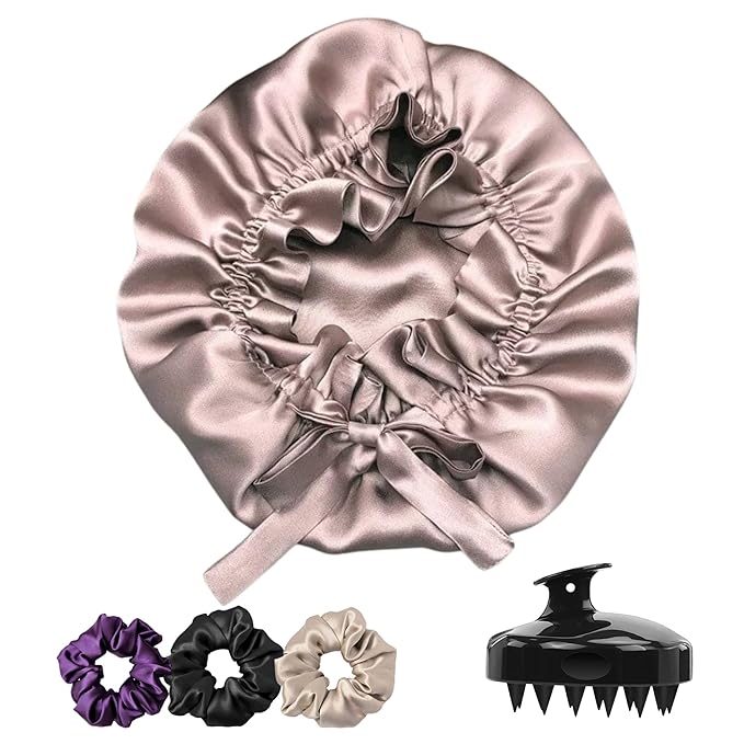 Silk Satin Hair Bonnet Reversible Adjustable tie Band Reusable showercap Satin bonnet Wrap Silk Bonnet Hair with Hair Scalp Massager Shampoo Brush and scrunchies (Rose Taupe)