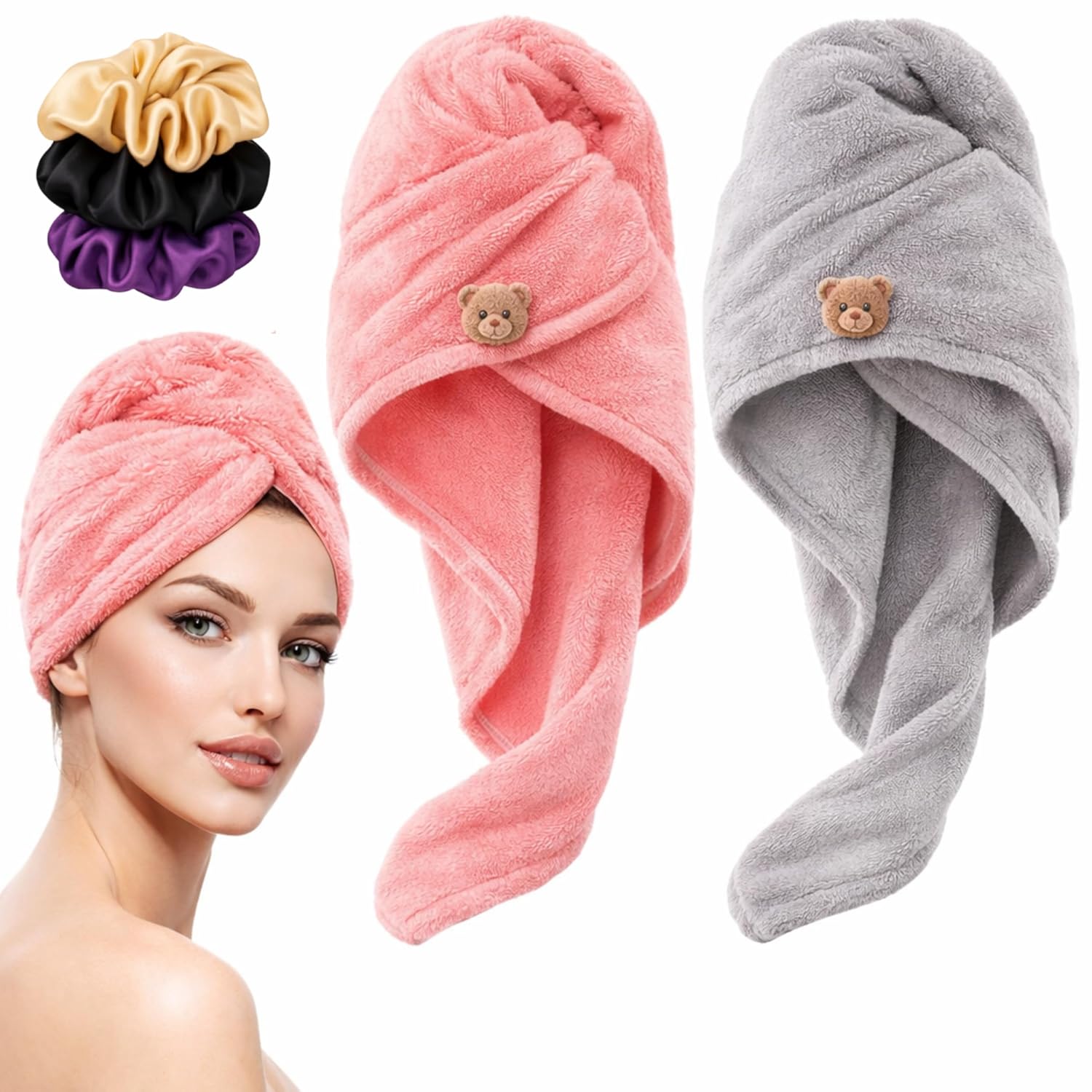 Microfiber Hair Towel Wrap with Satin Scrunchies, Quick Dry Hair Turban, Grey and Pink, Anti Frizz Super Absorbent (Pink)
