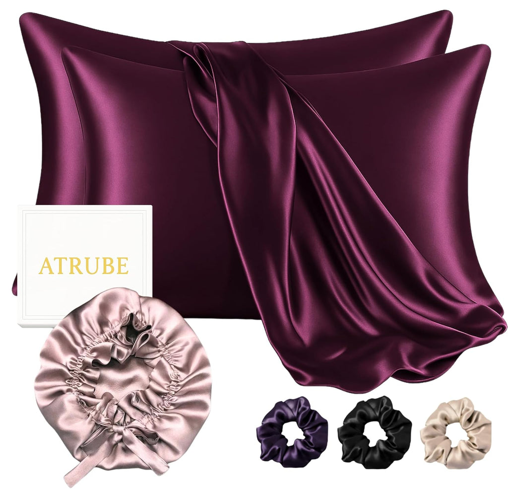 Atrube's Satin Bonnet for Curly Hair | Silk Bonnet for Hair | Combo of Pack of 2 Satin Pillowcases with 3 Silk Scrunchies Adjustable HairCap