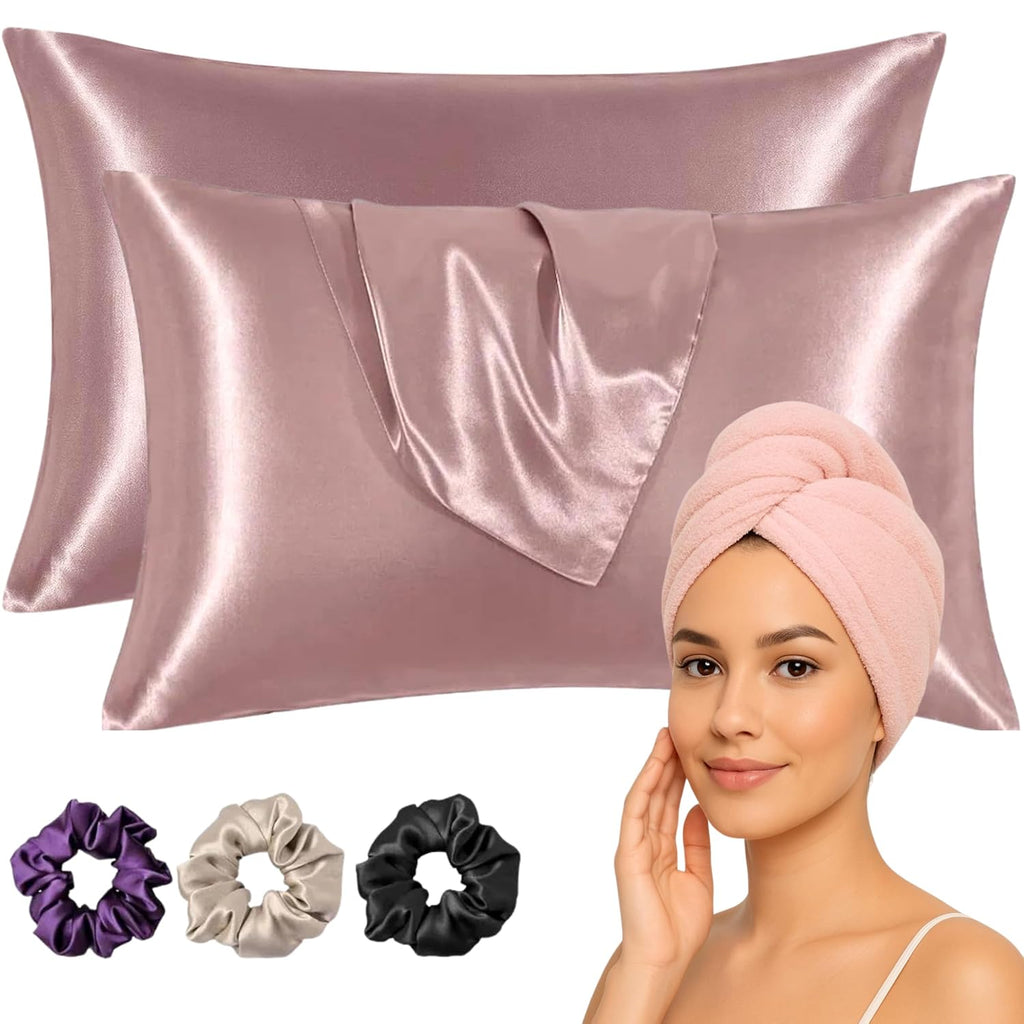 Silk Pillowcase Set with Hair Towel and 3 Scrunchies, Luxury Beauty Sleep Collection (rose taupe)