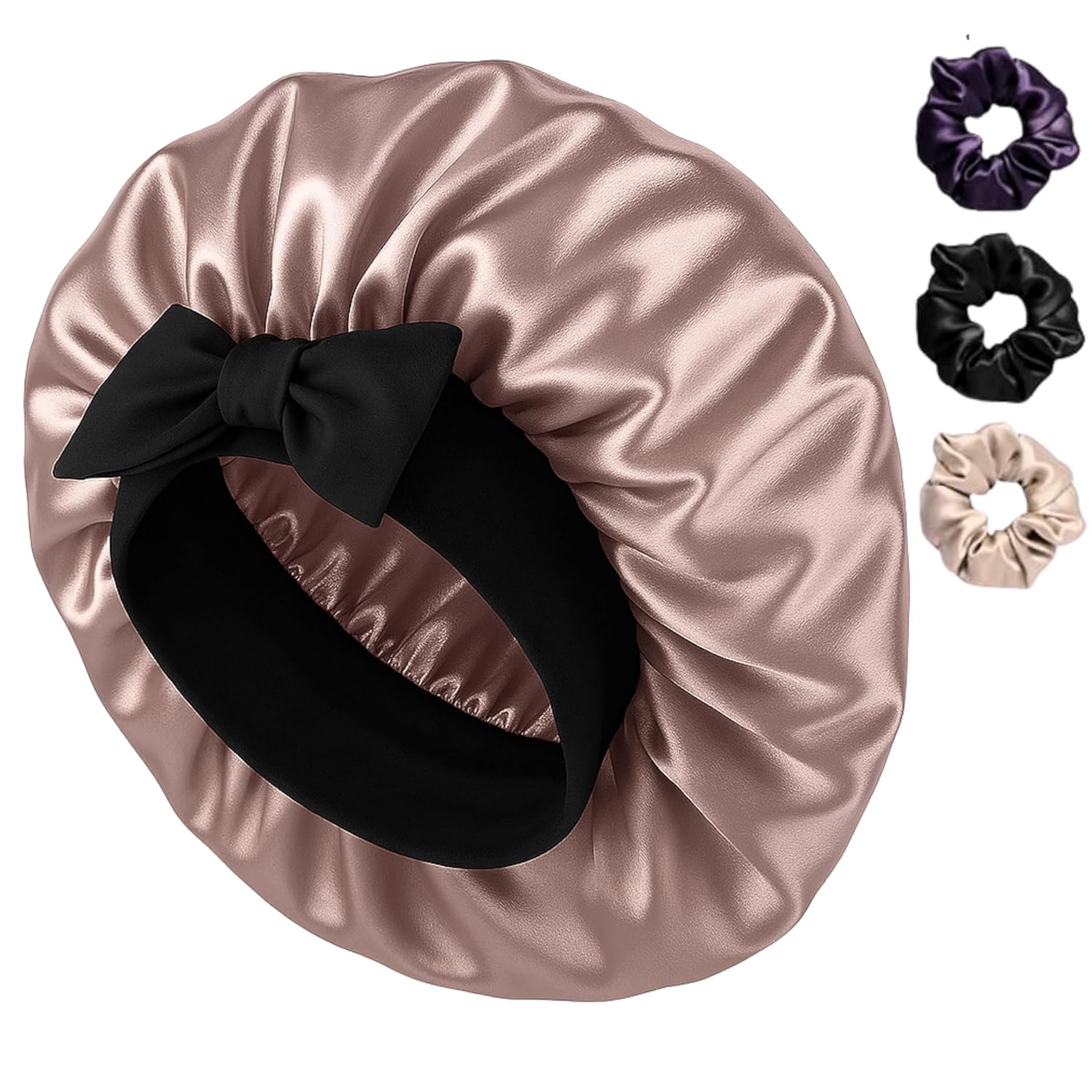 Silk Bonnet for Hair with 3 Scrunchies with Wide Elastic Tie Band(Sapphire Silk)