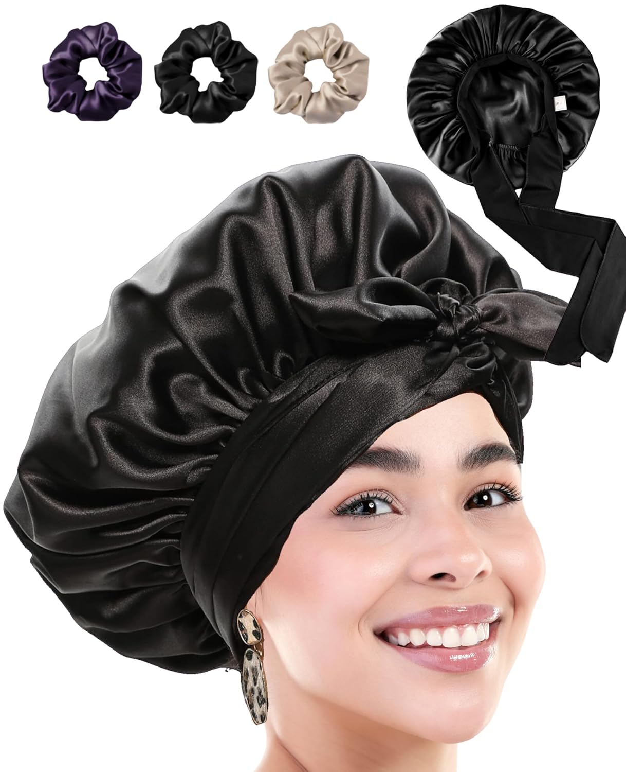 Silk Satin Hair Bonnet Reversible Adjustable Sleep Hair Care Cap,Free Size