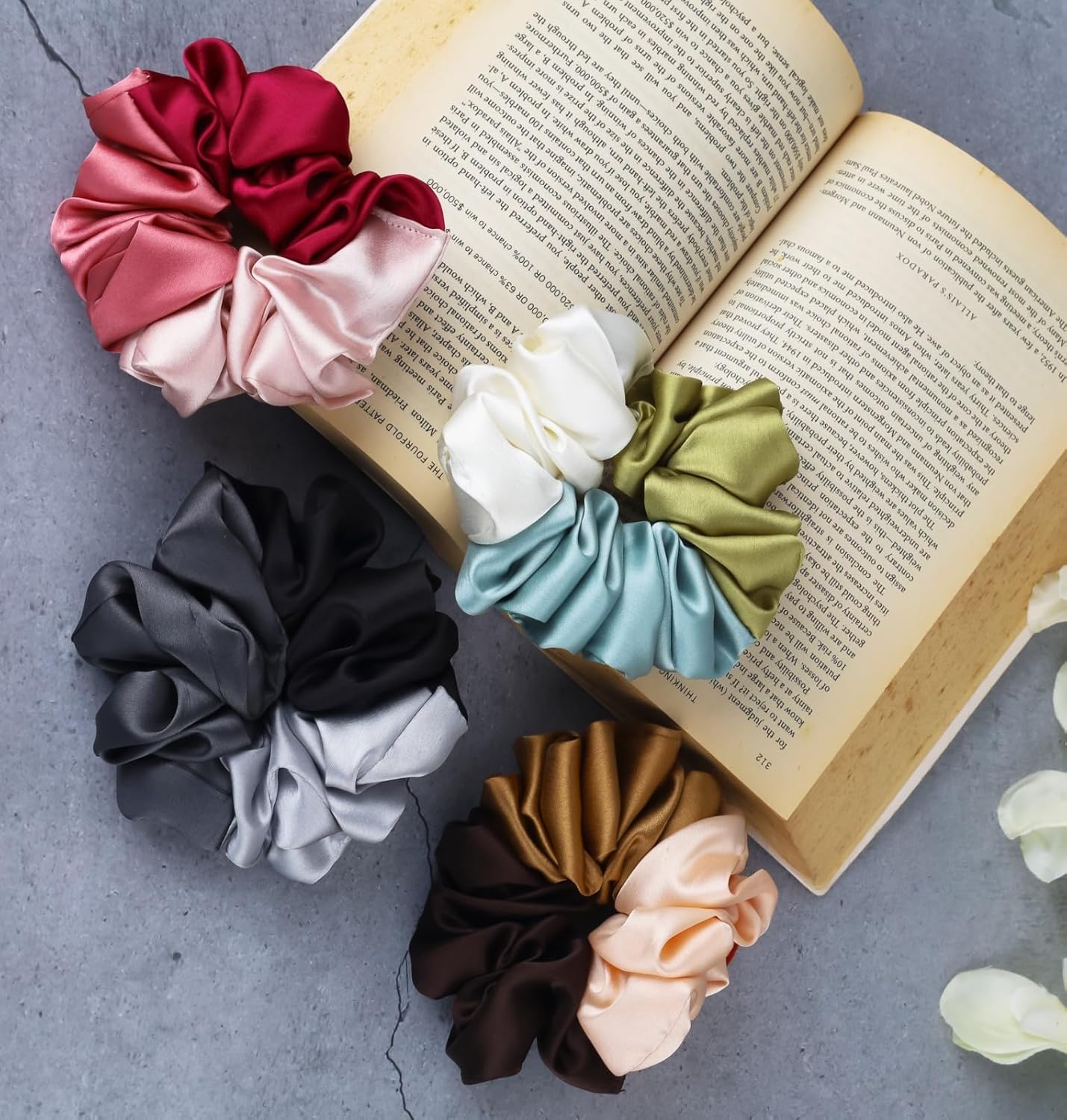 Pack of 4 Dual & Triple Tone Silk Satin Scrunchies Combo – Large Hair Ties for Women & Girls