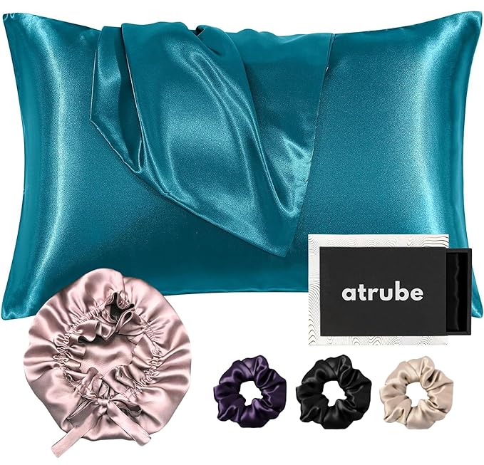 Atrube's Satin Bonnet for Curly Hair | Silk Bonnet for Hair | Combo of Pack of 2 Satin Pillowcases with 3 Silk Scrunchies Adjustable HairCap