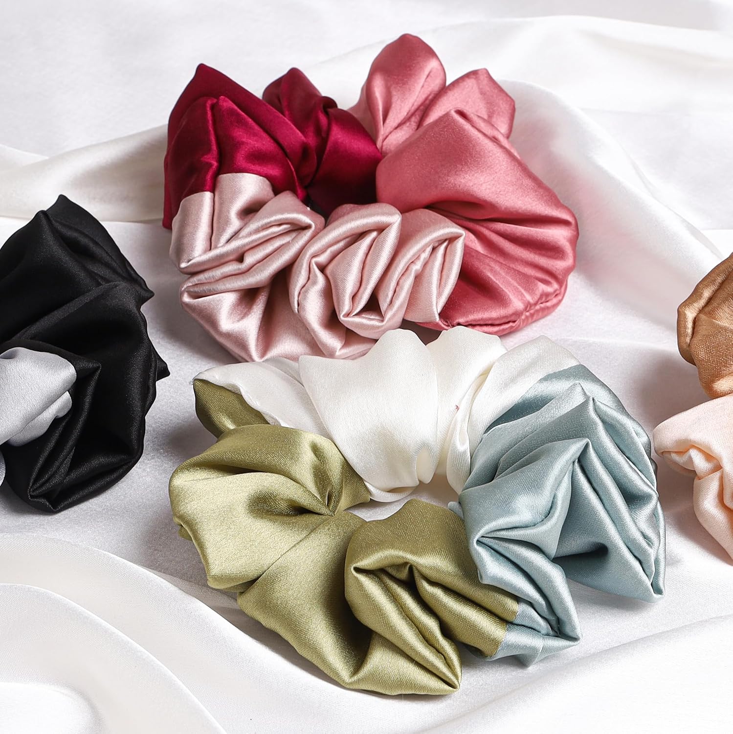 Pack of 4 Dual & Triple Tone Silk Satin Scrunchies Combo – Large Hair Ties for Women & Girls